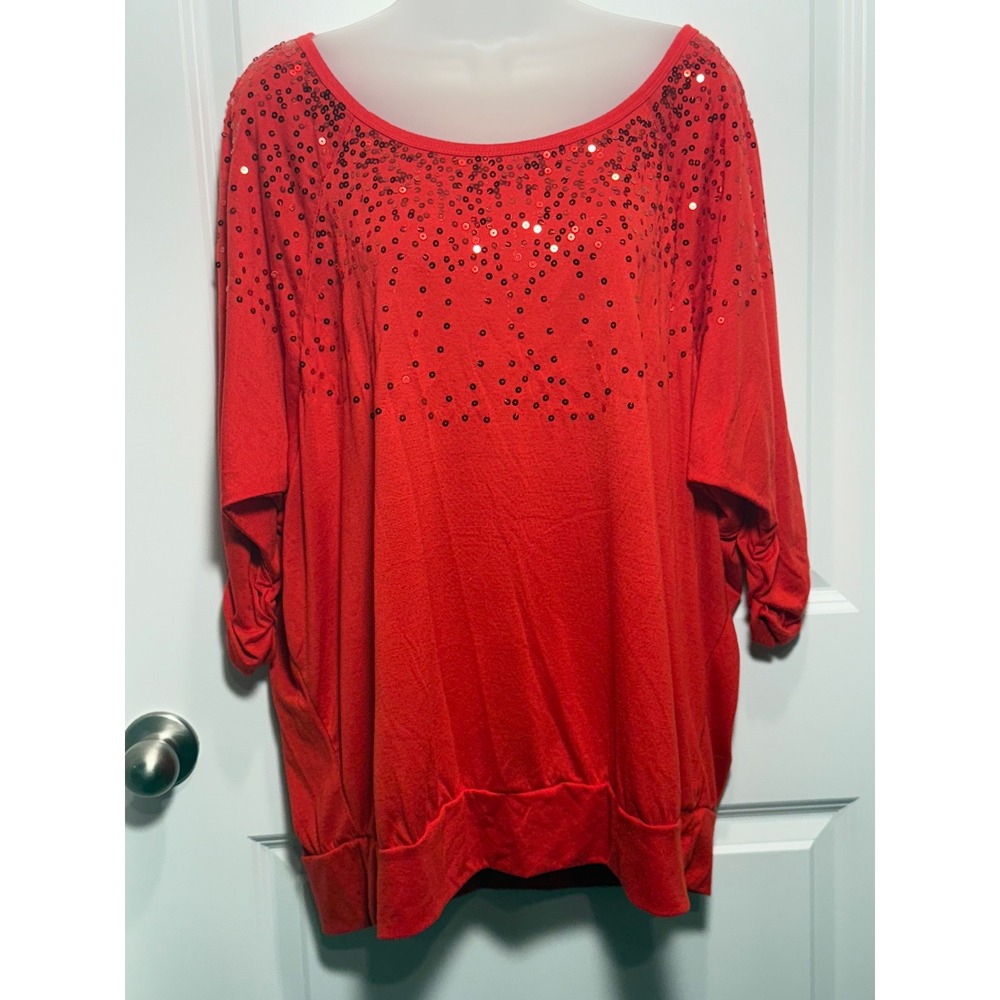 Faded Glory Women's Red Sequined Blouse Top 3/4 Sleeve Size 1X 16W